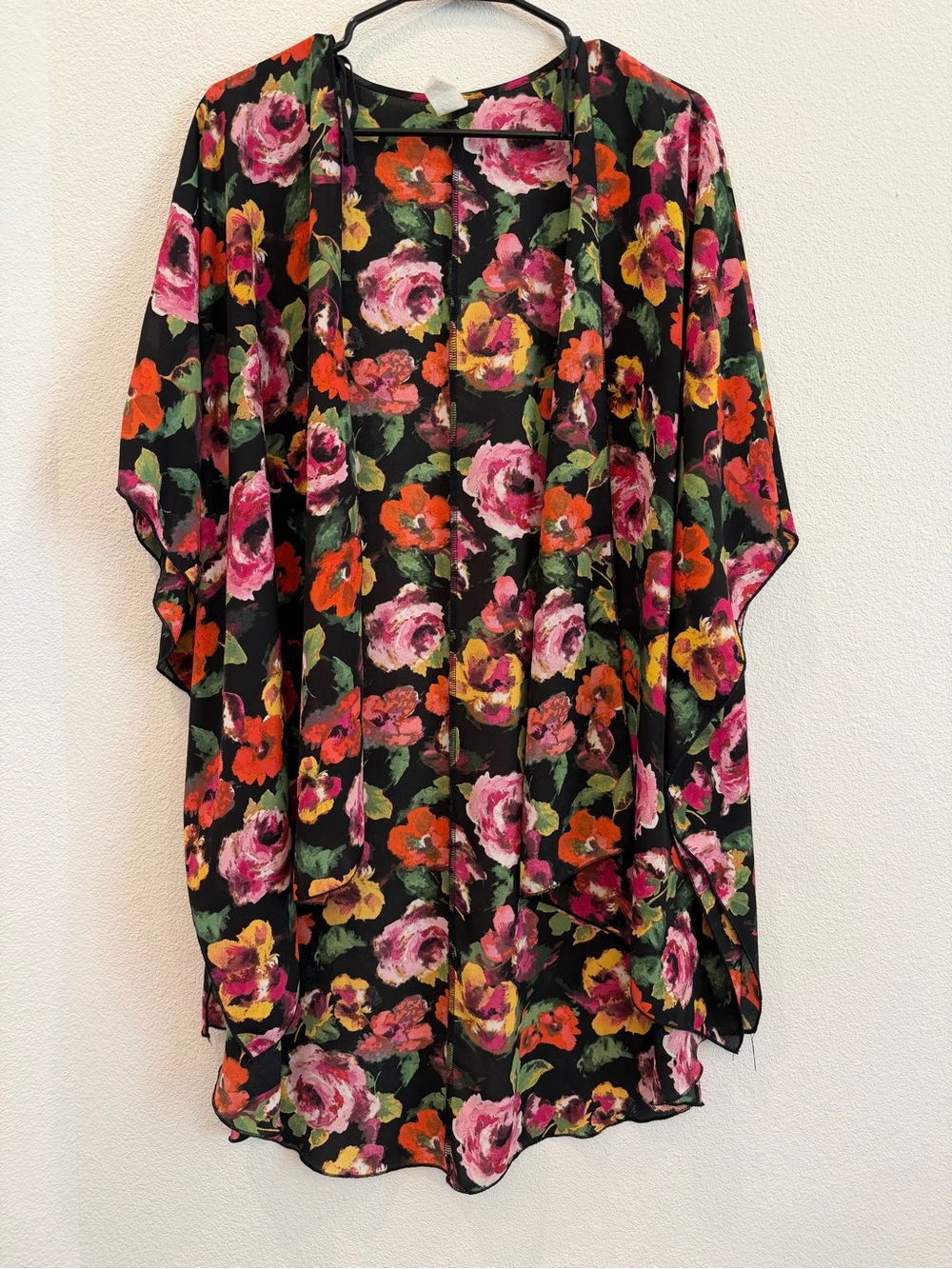 INTERI Floral V-Neck Blouse in Black with Pink & Orange Blooms